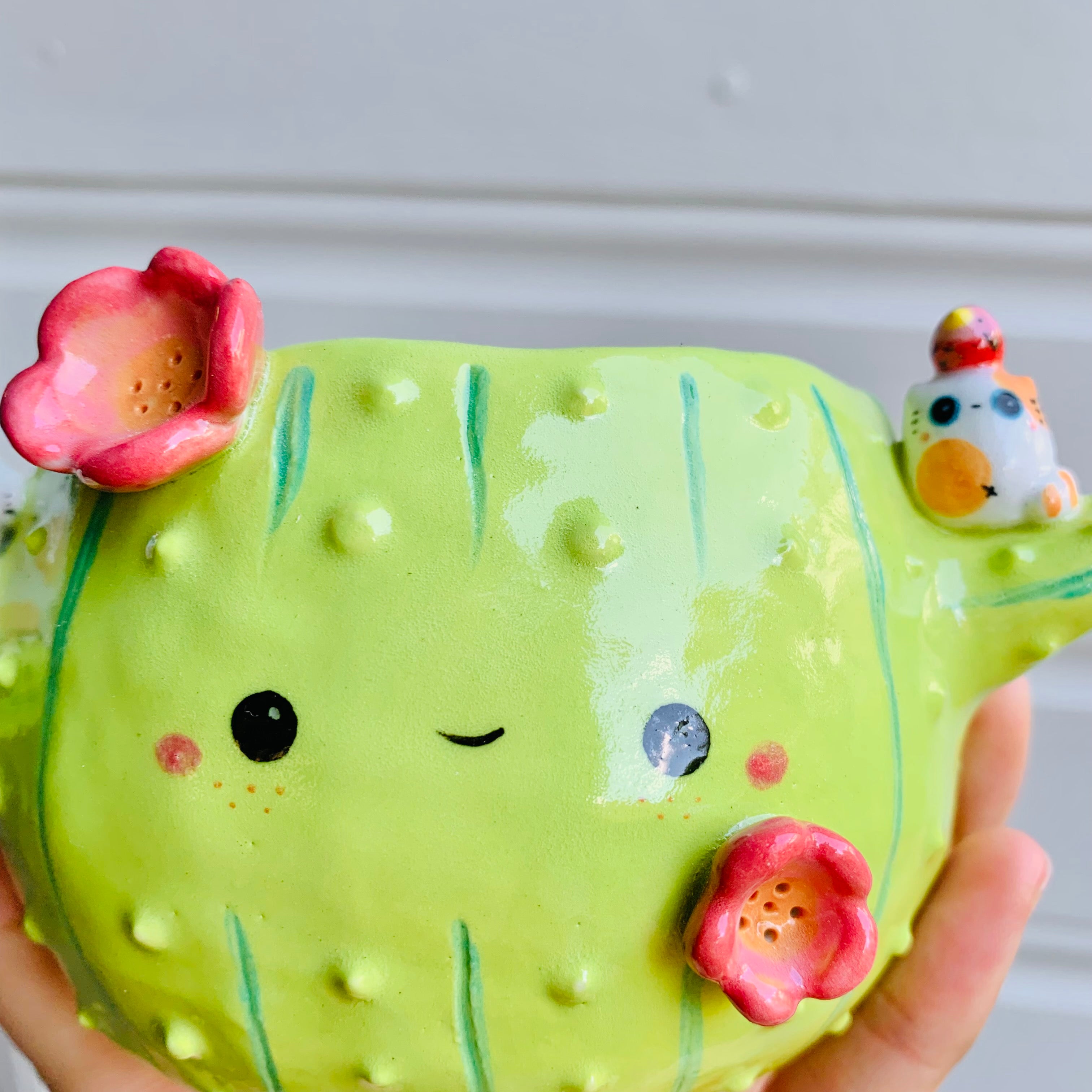 Flower cactus pot with cat and bird friends