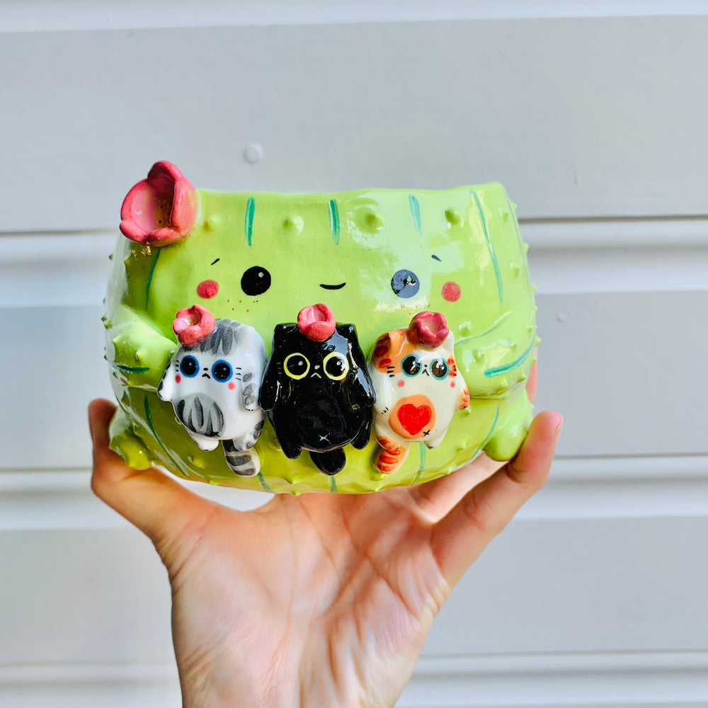 Flowery cactus pot with cat friend trio, photo 1 of 9