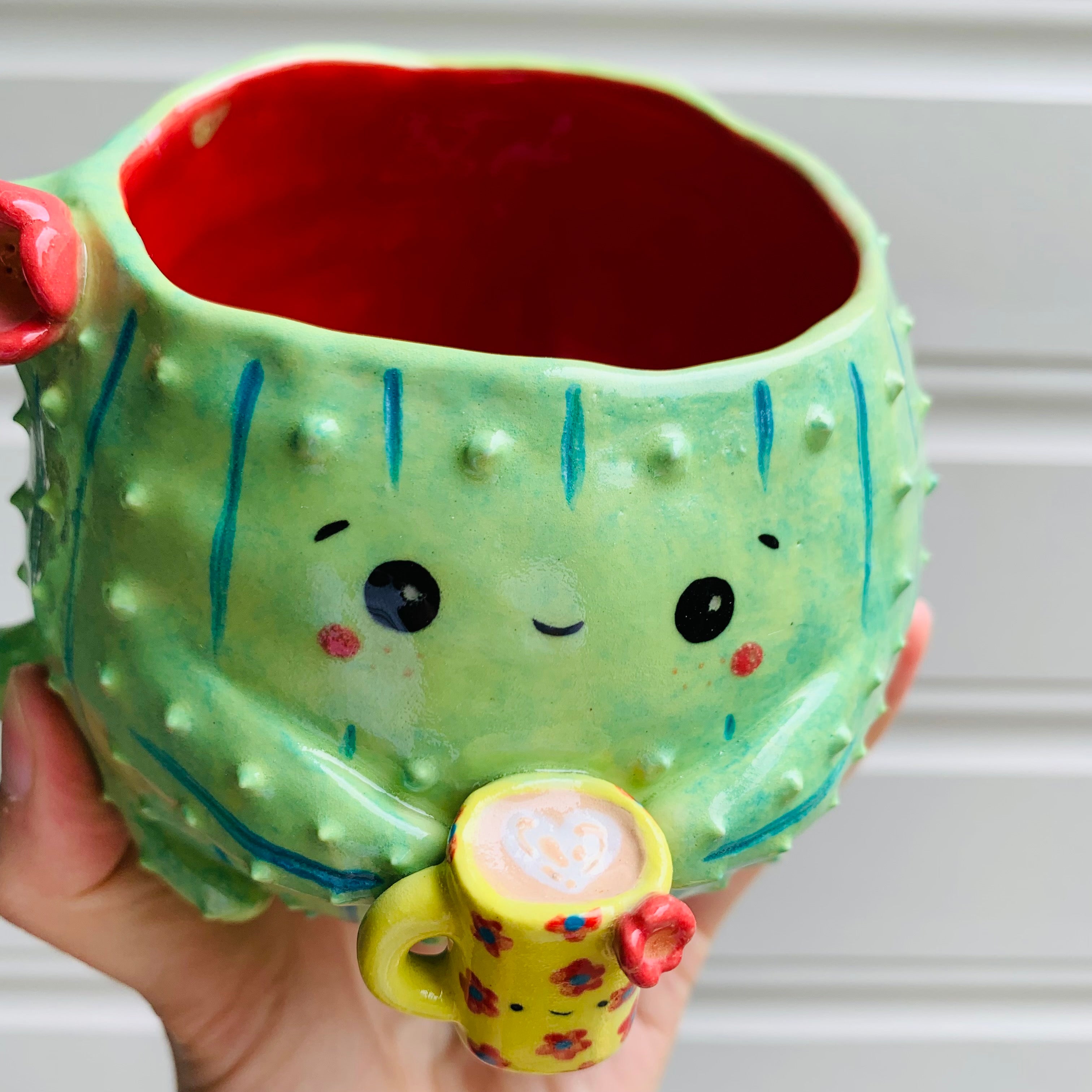 Dark green CACTUS coffee pun mug with mug friend