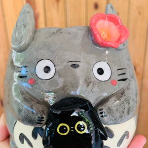 SET OF 2! Black cat pot with Totoro friend AND Totoro pot with black cat friend