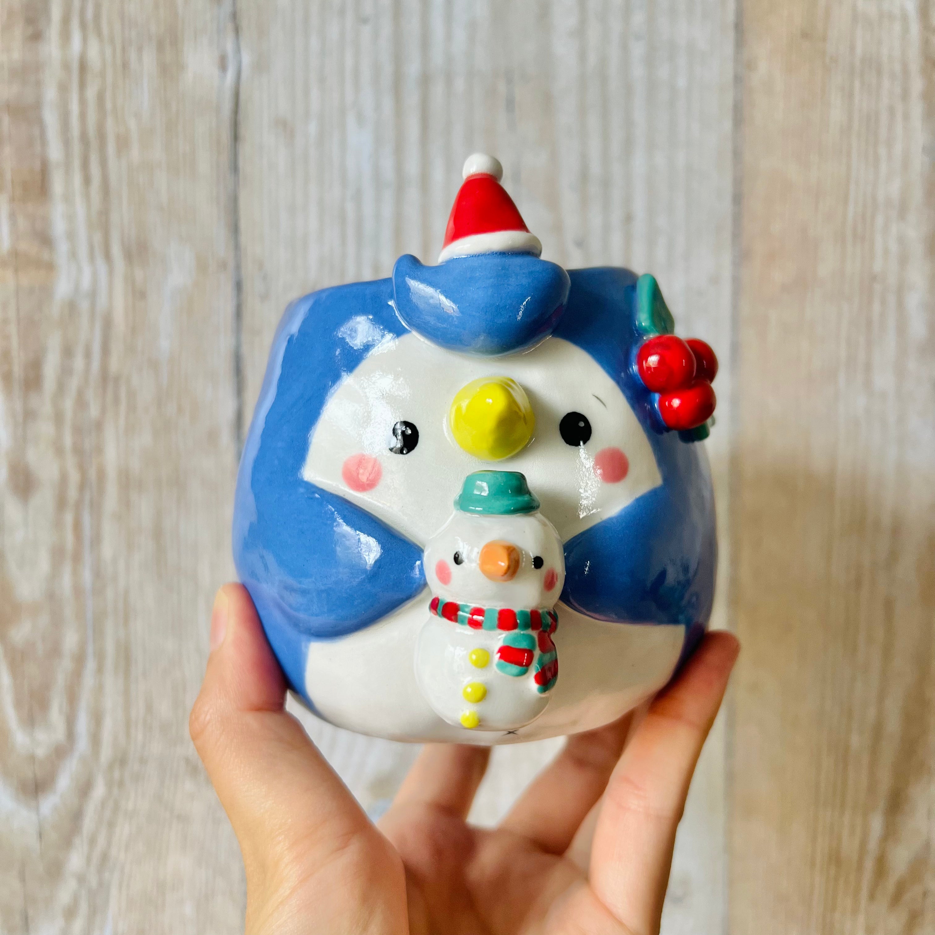 FESTIVE PENGUIN POT with snowman friend