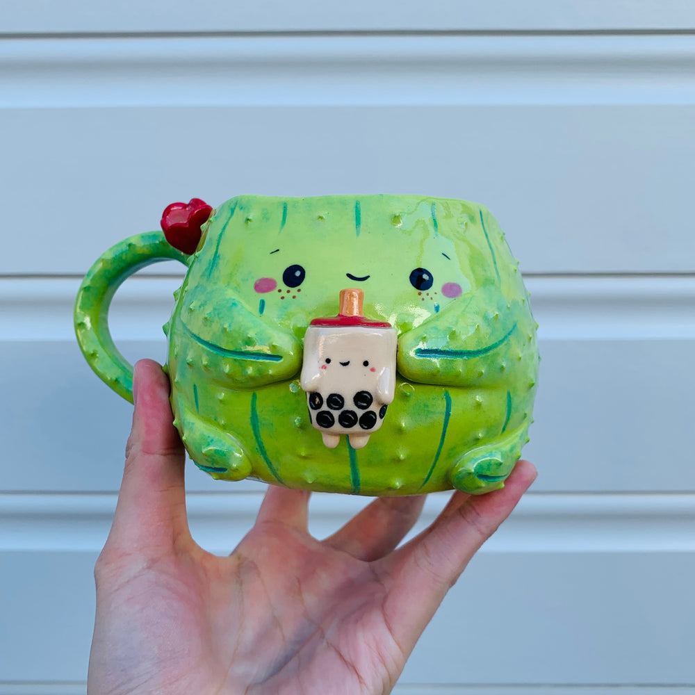 Dark green flowery cactus mug with bubble tea friend, photo 2 of 9