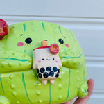 PRE ORDER: Light green flowery cactus with bubble tea planter