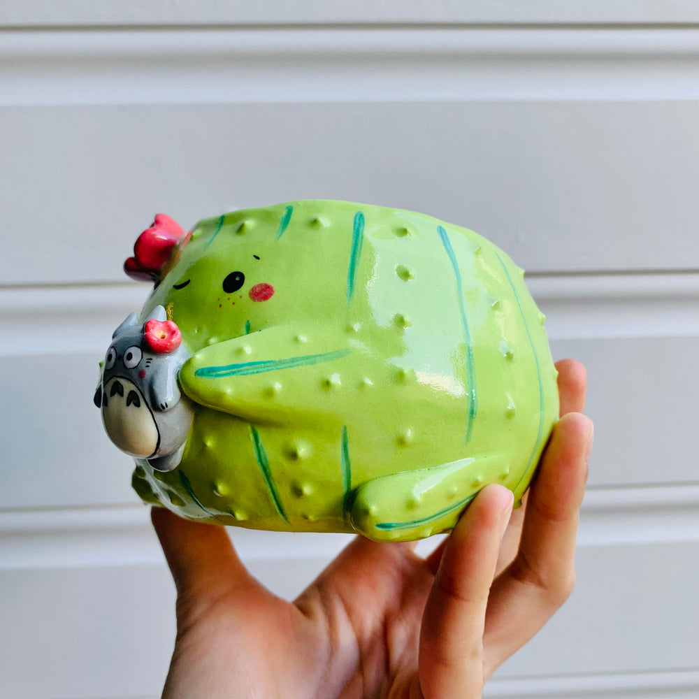 Flowery cactus pot with Totoro friend, photo 3 of 6