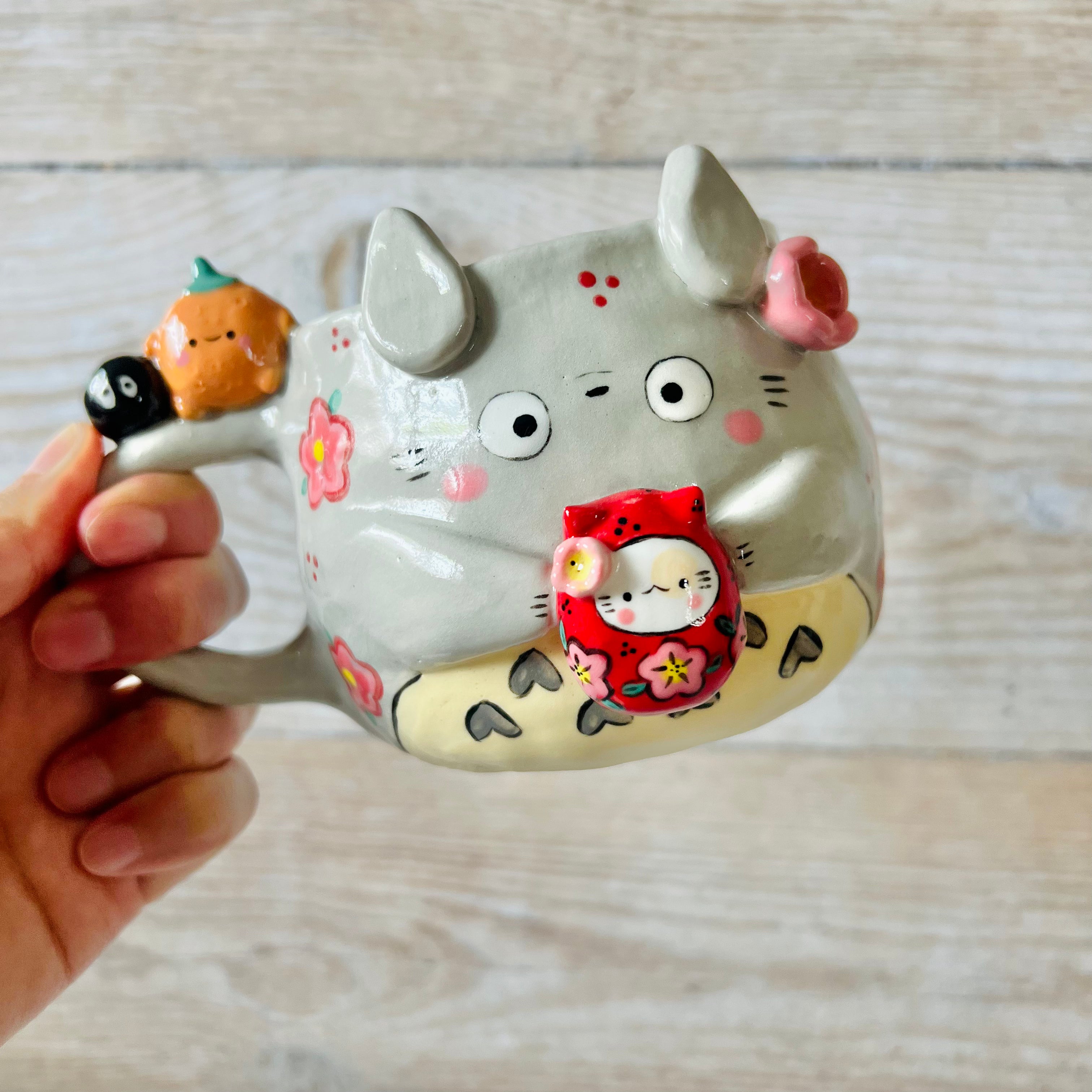 LNY TOTORO MUG with cat Daruma and mandarin friends