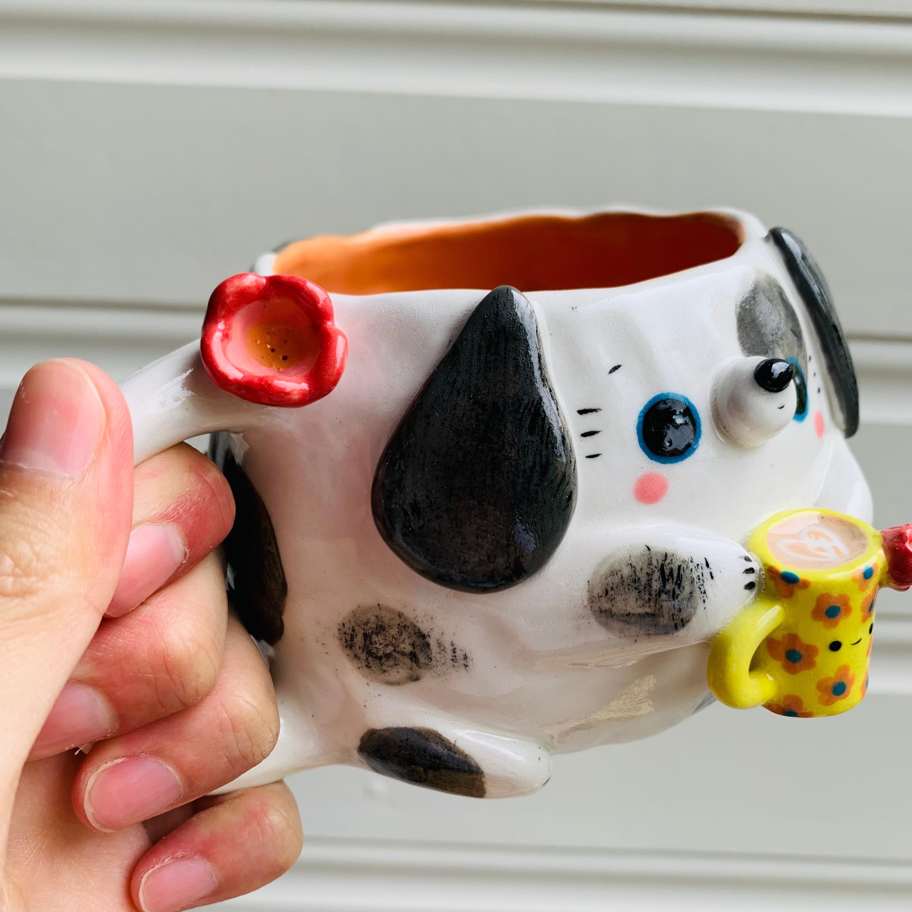 White and grey DOGGO coffee pun mug with mug friend