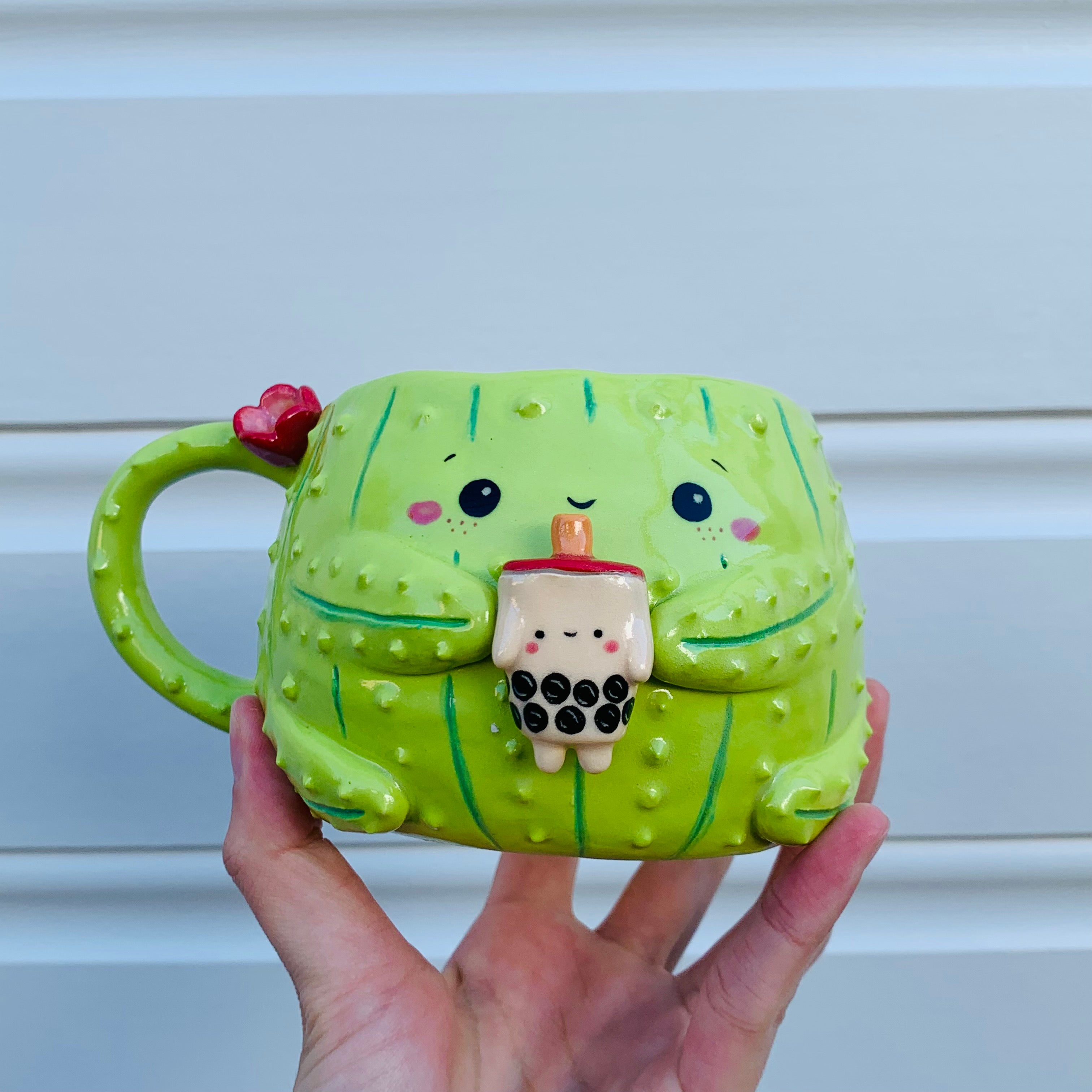 PRE ORDER: Light green flowery cactus with bubble tea friend