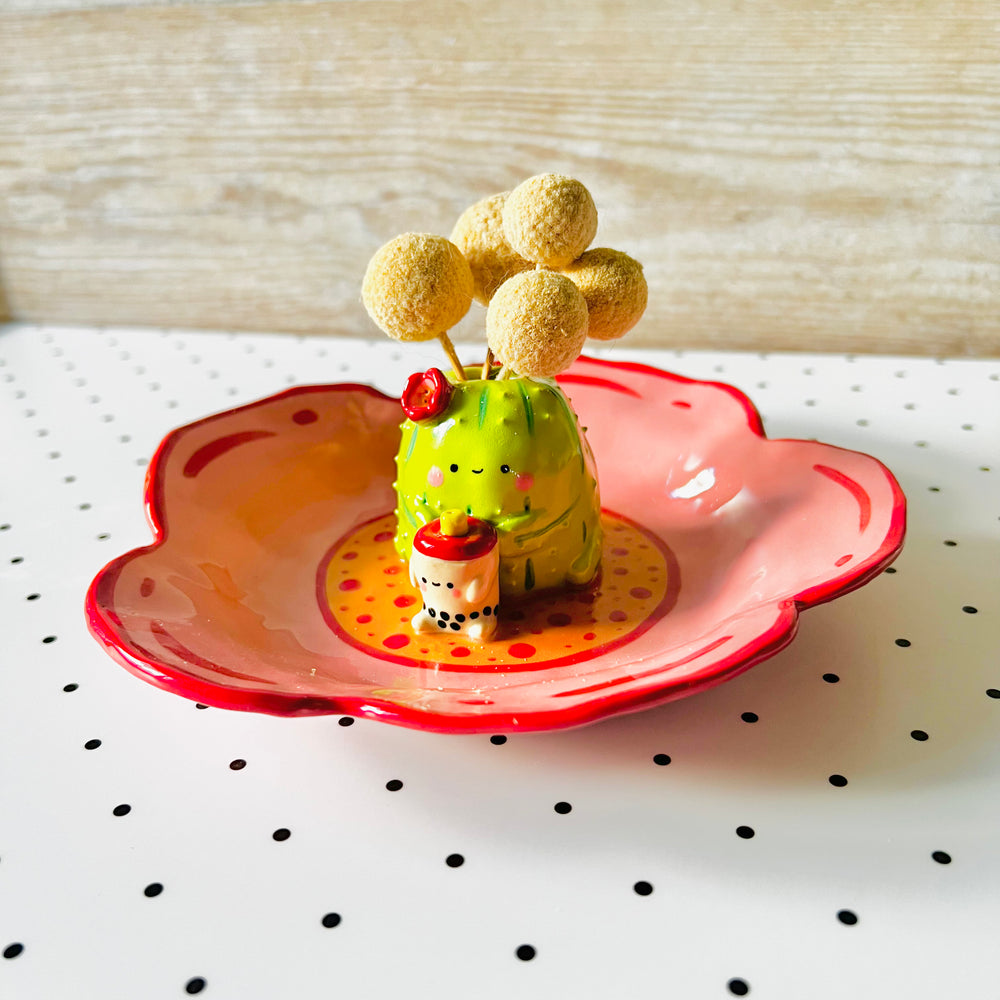 Flowery cactus bubble tea vase trinket dish, photo 2 of 5