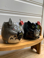 SET OF 2! Black cat pot with Totoro friend AND Totoro pot with black cat friend