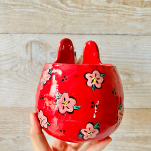 LNY RED Flowery Daruma bunny pot with bunny friends