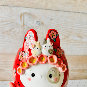 LNY RED Flowery Daruma bunny pot with bunny friends