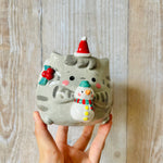 FESTIVE GREY CAT POT with snowman friend