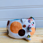 BIG FLOWERY cat pot with bird and bee friends