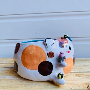 BIG FLOWERY cat pot with bird and bee friends