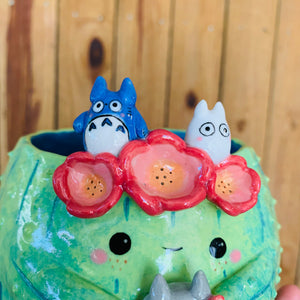 Dark green flower crown cactus pot with Totoro friends