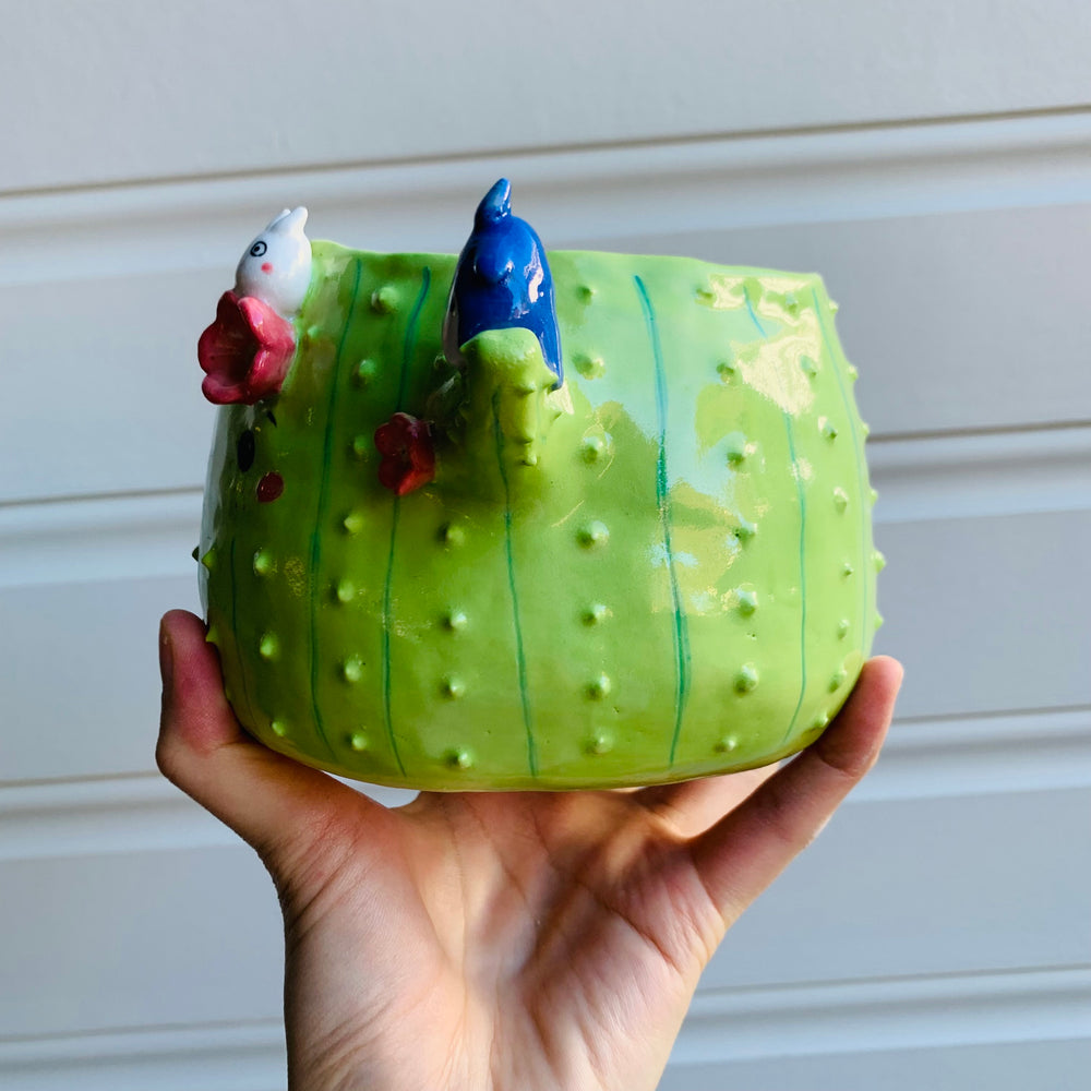 Light green flowery cactus pot with Totoro friends, photo 3 of 10