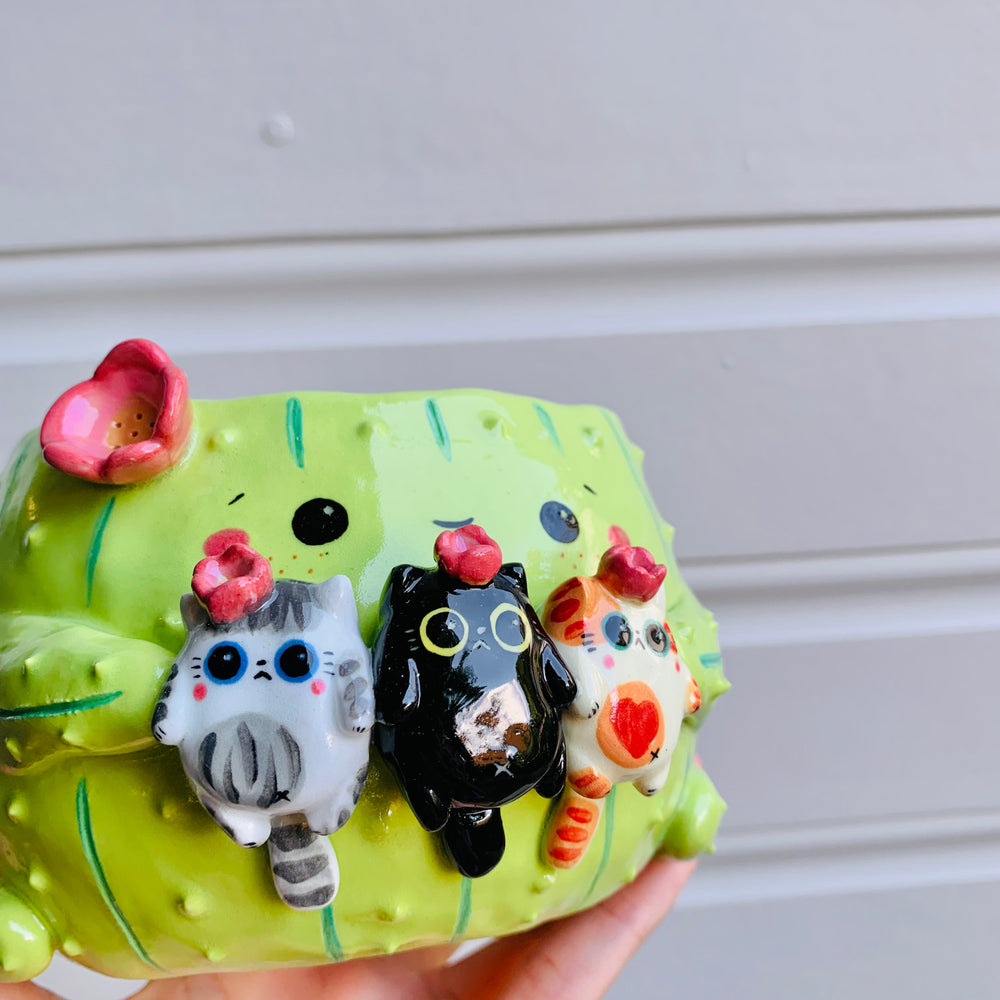 Flowery cactus pot with cat friend trio, photo 9 of 9