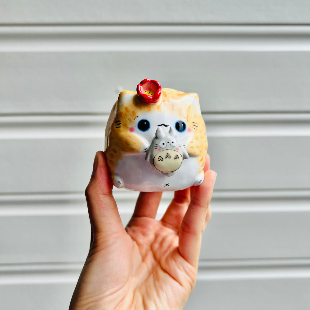 Ginger cat vase with Totoro friend, photo 1 of 5