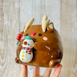 FESTIVE REINDEER POT with snowman friend