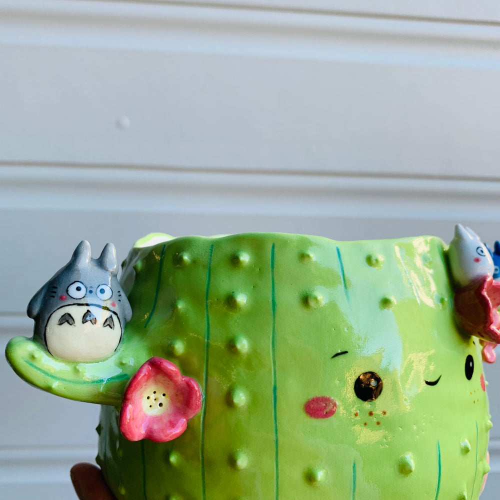 Light green flowery cactus pot with Totoro friends, photo 7 of 10