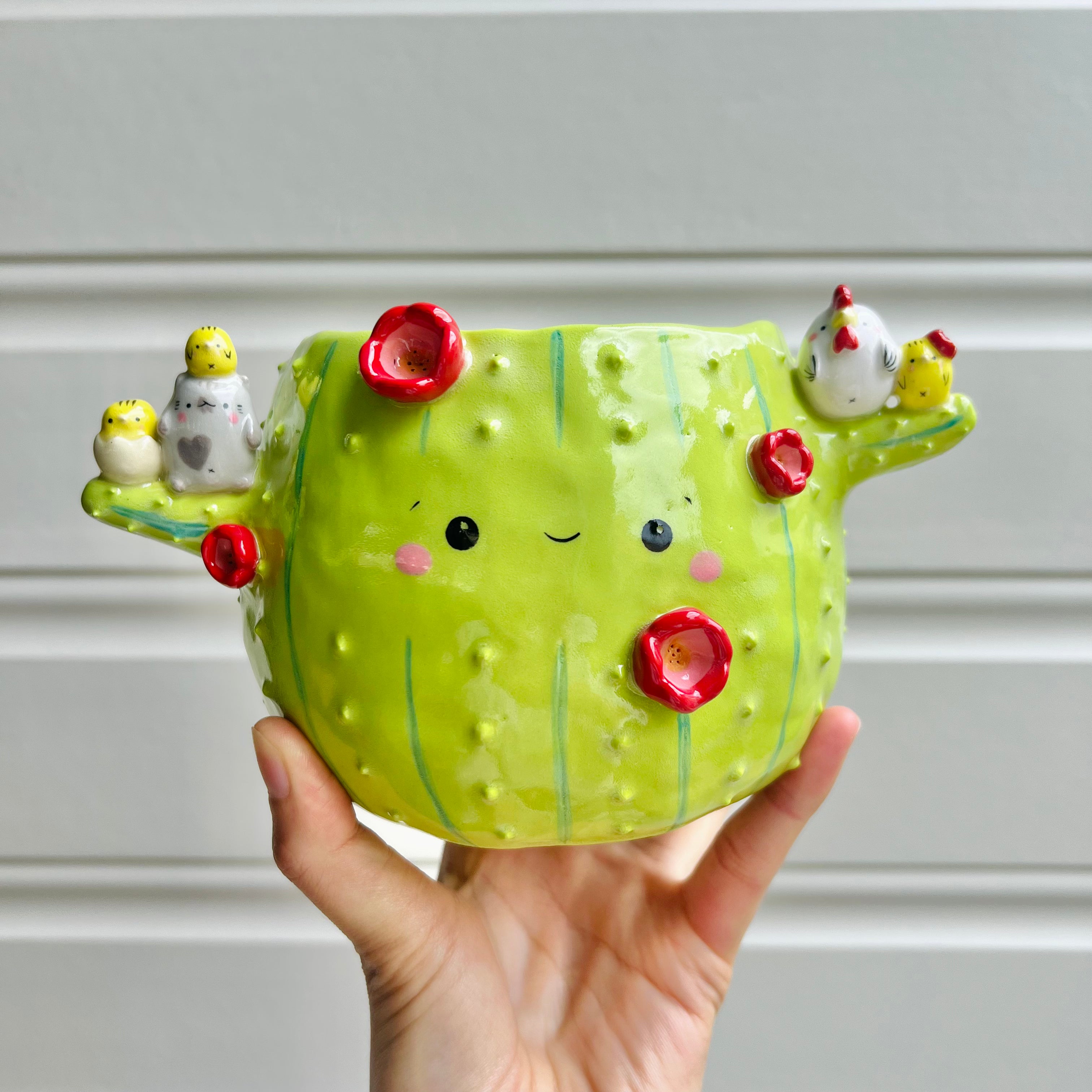 Flowery cactus pot with cat and chicken friends