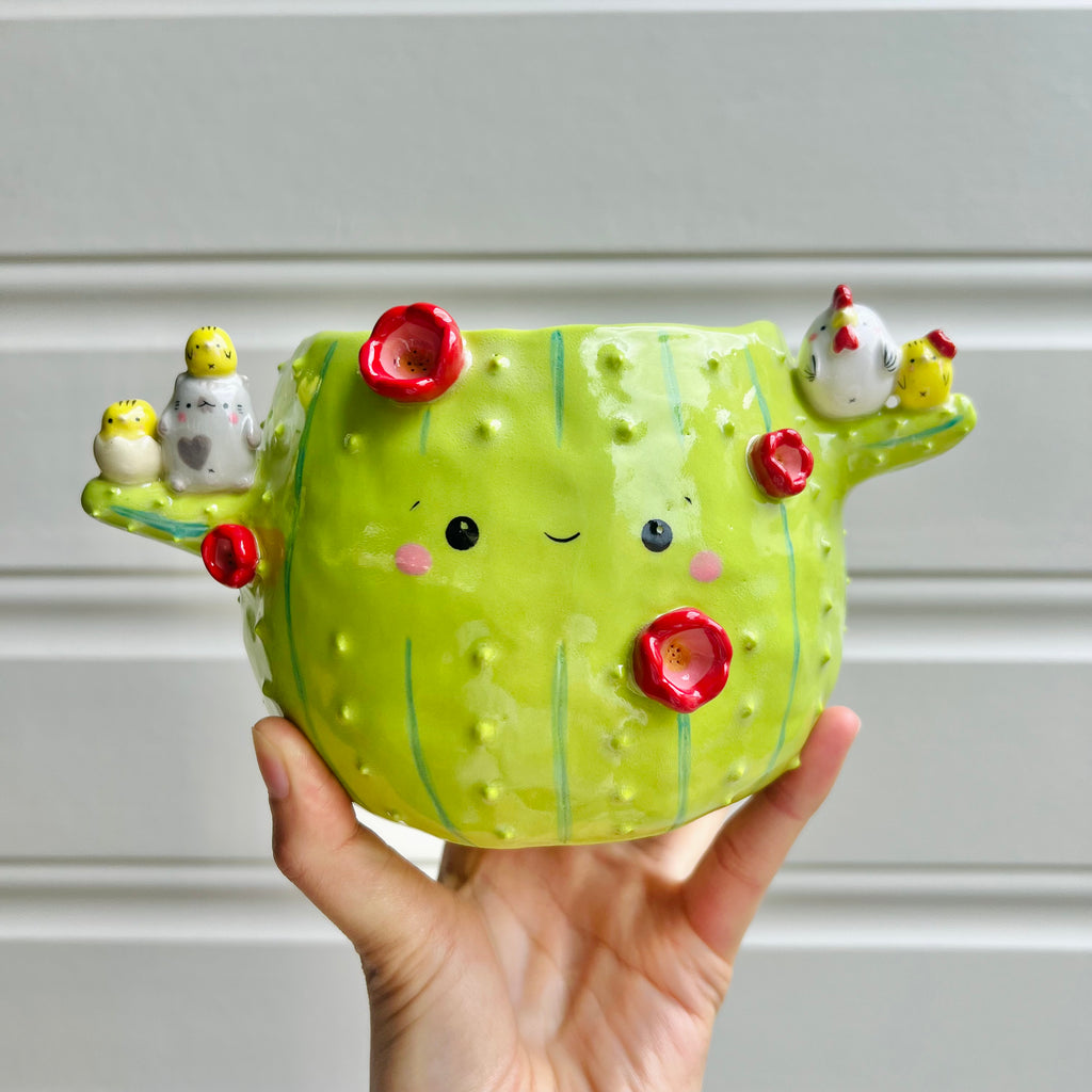 Flowery cactus pot with cat and chicken friends