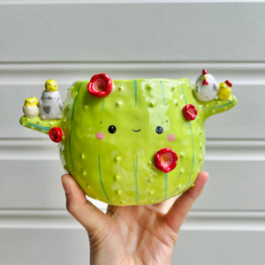 Flowery cactus pot with cat and chicken friends