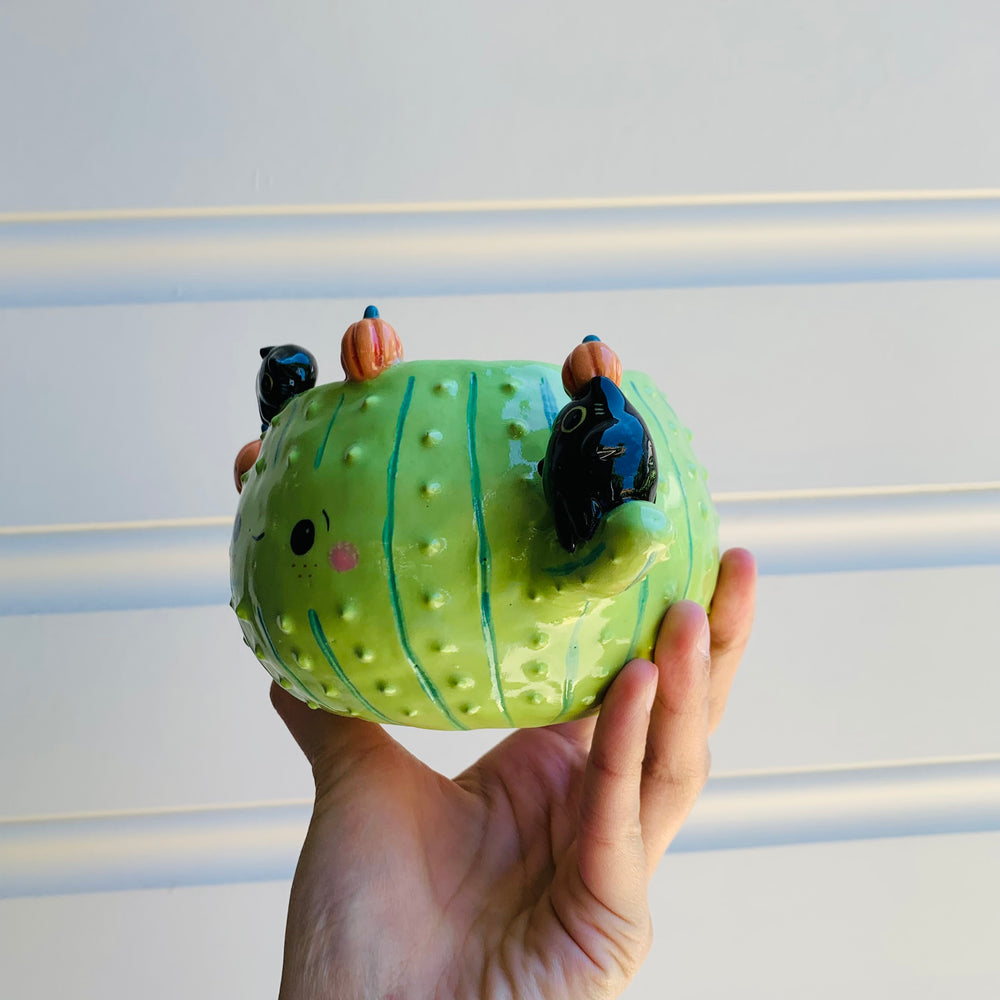 Pumpkin cactus pot with black cat friends, photo 3 of 7