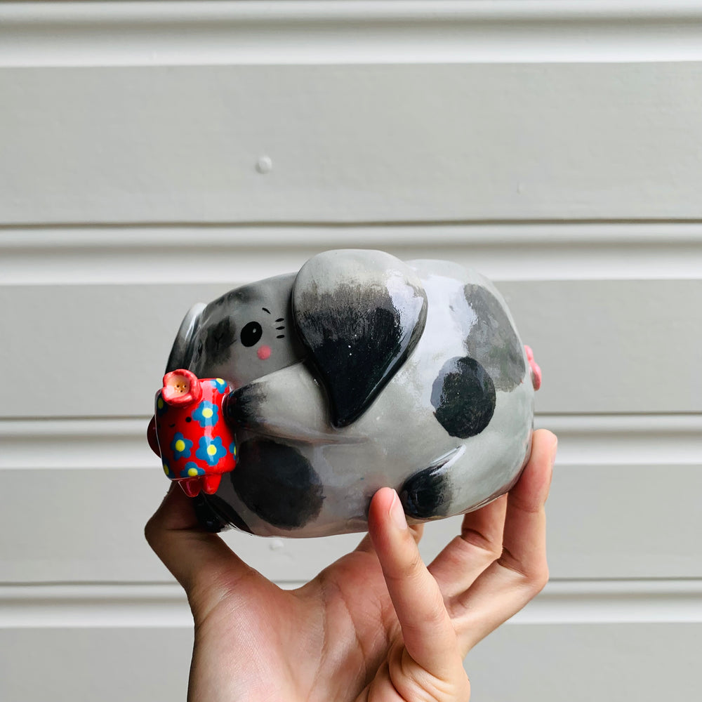 Spotty grey BUNNY coffee pun mug with mug friend, photo 3 of 11