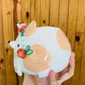 SECONDS! Cream spotty doggo pot with baby dog