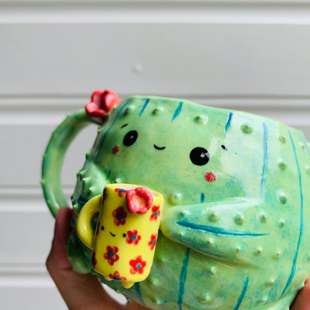 Dark green CACTUS coffee pun mug with mug friend, photo 6 of 11