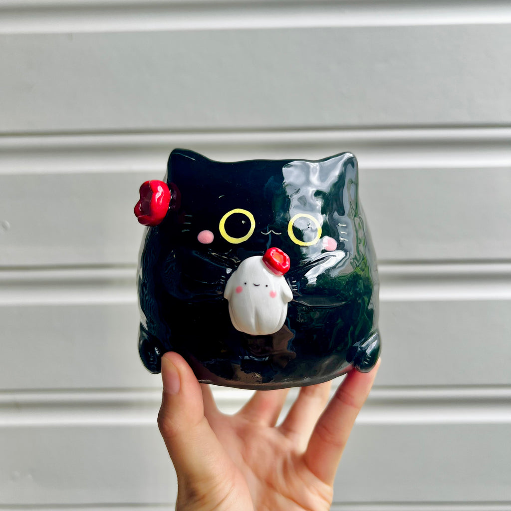 Halloween black cat pot with ghost friend