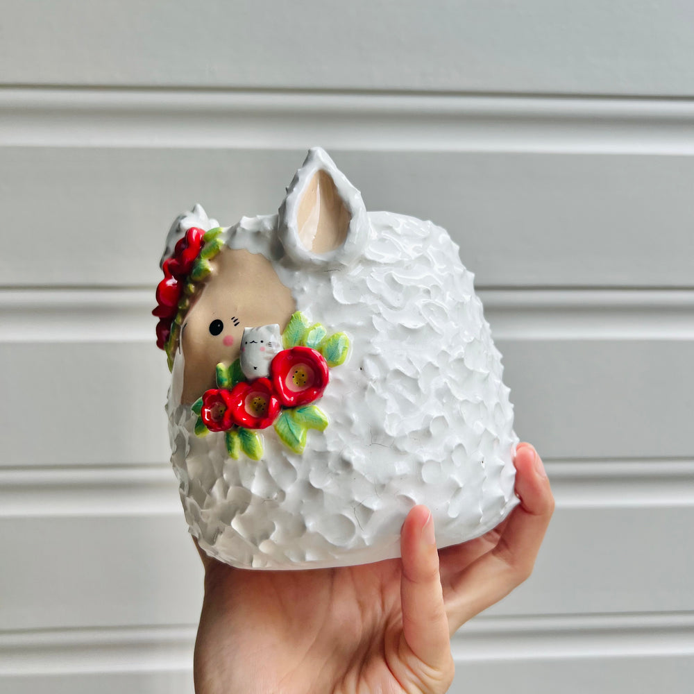 LARGE flowery llama pot with grey cat friends, photo 3 of 9