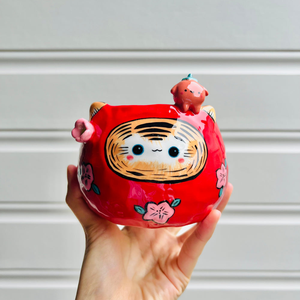 DARUMA Tiger pot with mandarin friend, photo 1 of 5