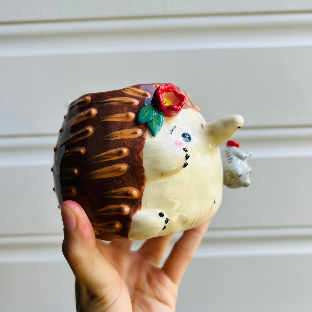 Flowery Echidna pot with puggle baby, photo 2 of 5