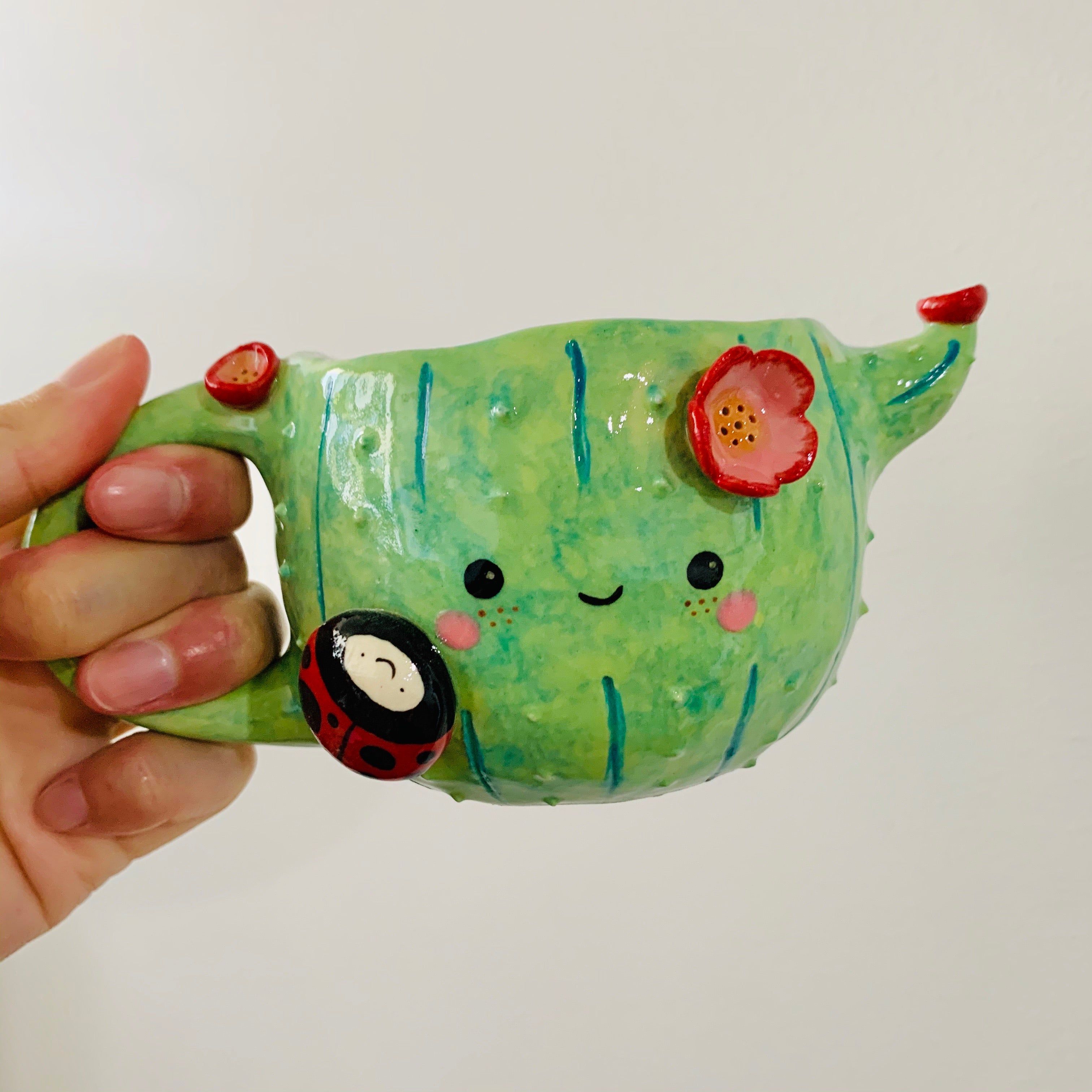 Flowery cactus mug with lady bug friend - approx. 250ml