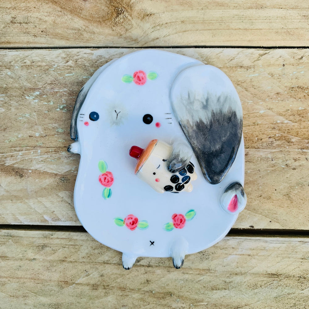Flowery bunny with bubble tea friend trinket dish, photo 1 of 2