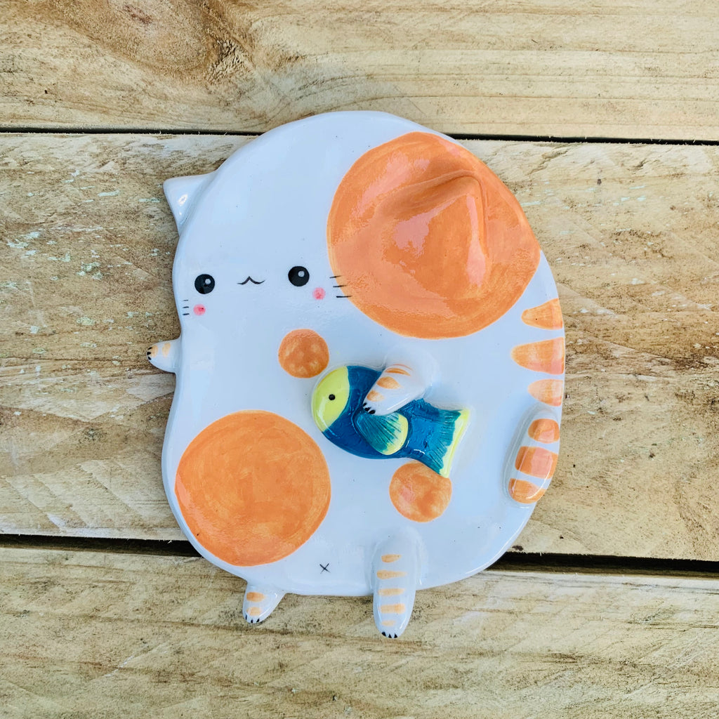 Cat with fish friend trinket dish