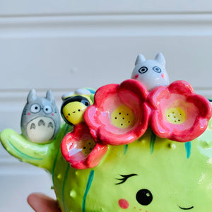 Flowery cactus pot with Totoro and bee friends