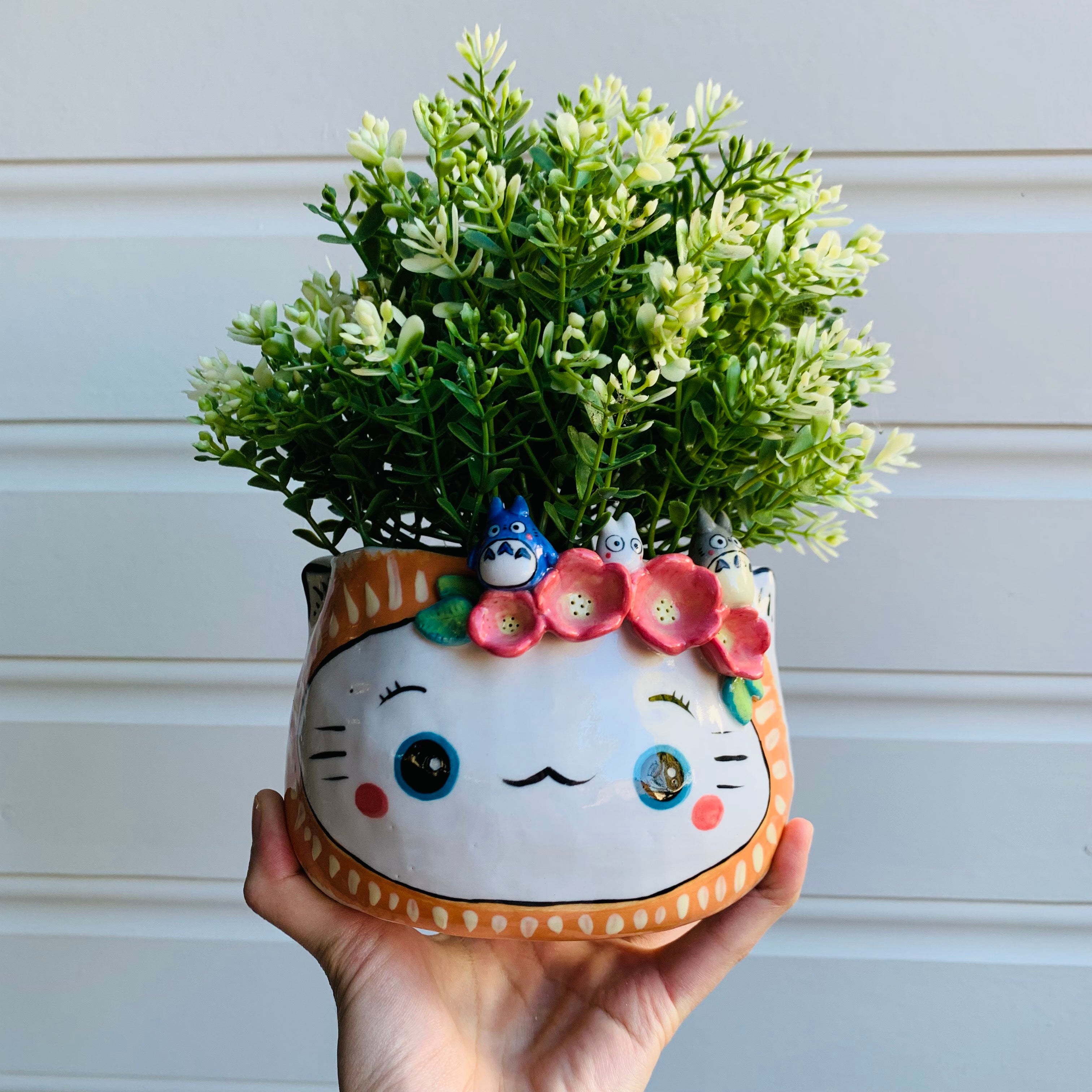 Flowery Ginger kitty head with Totoro friends