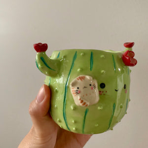 Flowery cactus pot with cat friend