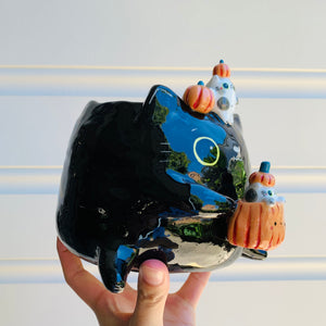 Big black cat with pumpkin and cat friends Halloween planter