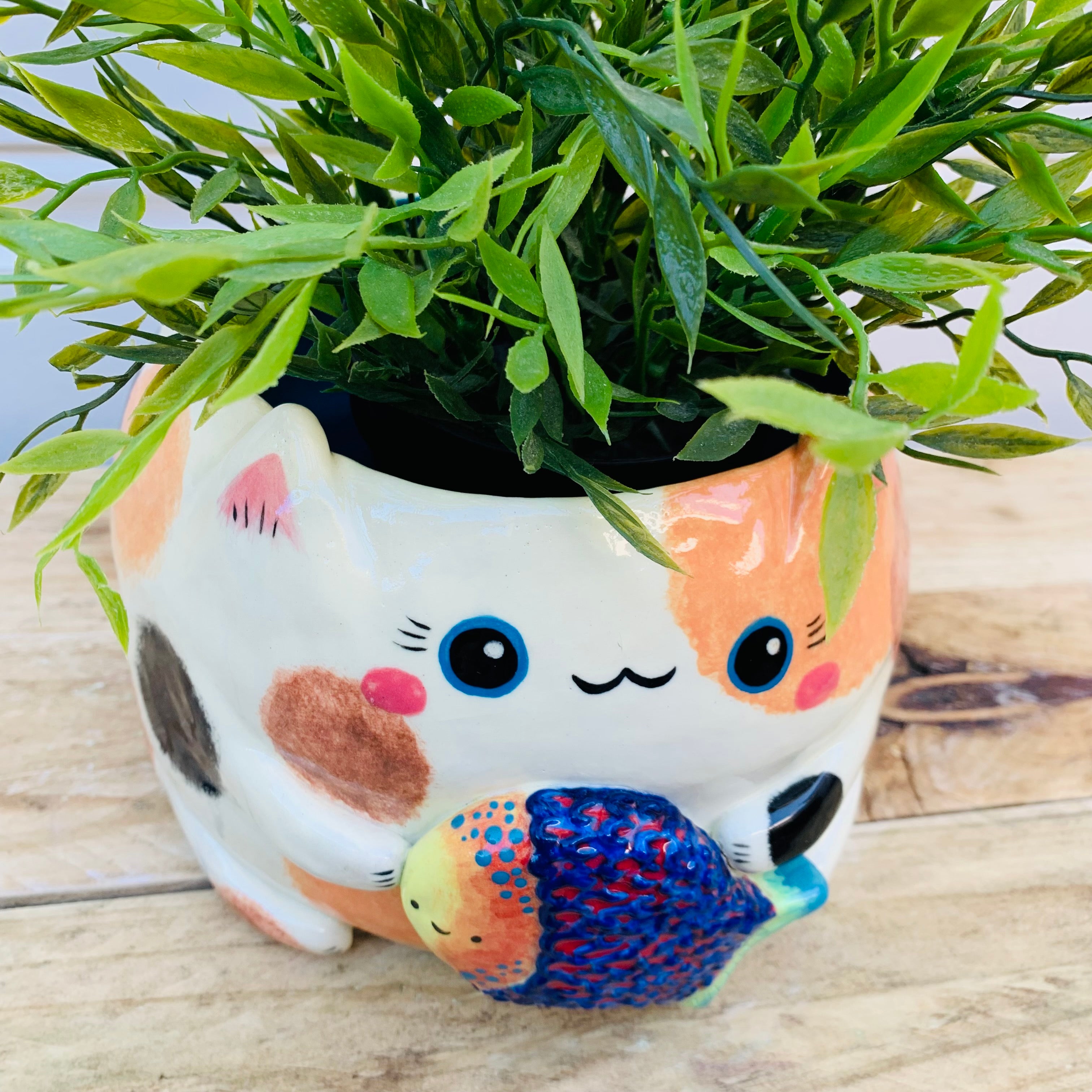 LARGE spotty cat with fish friend planter