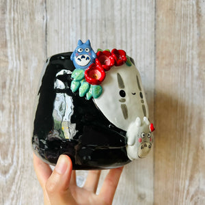 Flowery NO FACE POT with Totoro friends