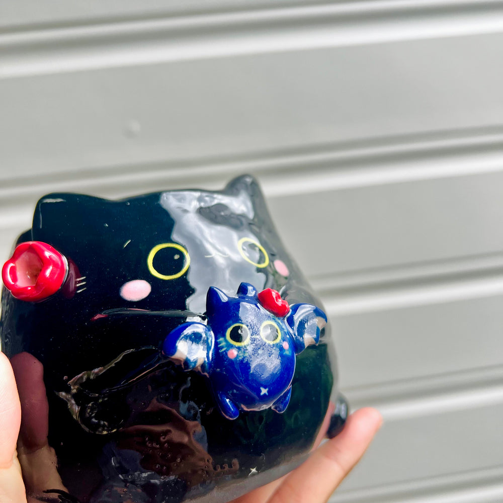 Halloween black cat pot with bat friend, photo 6 of 6