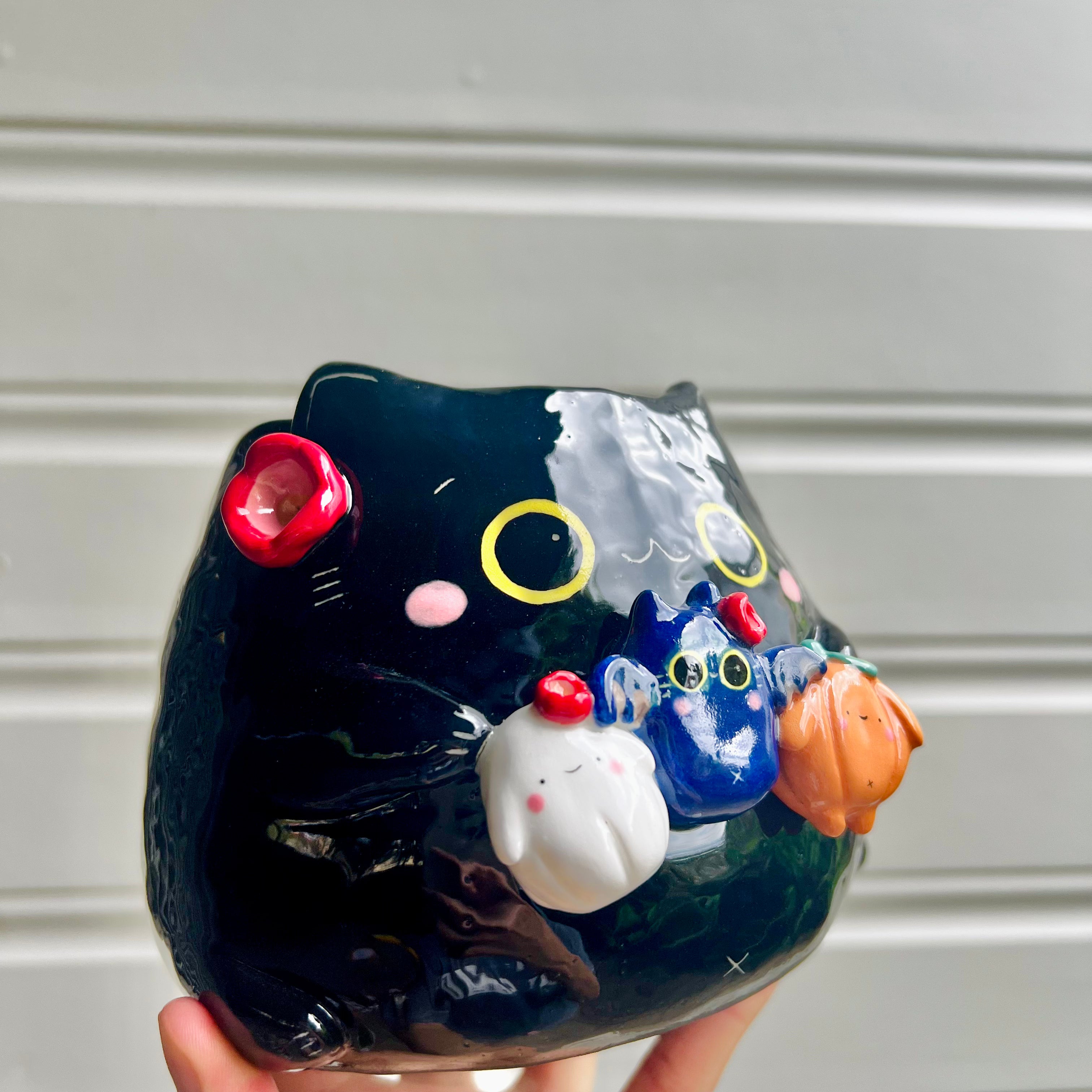 LARGE Halloween black cat pot with Halloween friends