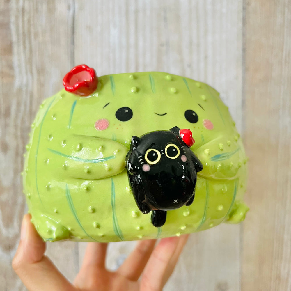 Flowery cactus pot with black cat friend, photo 7 of 7