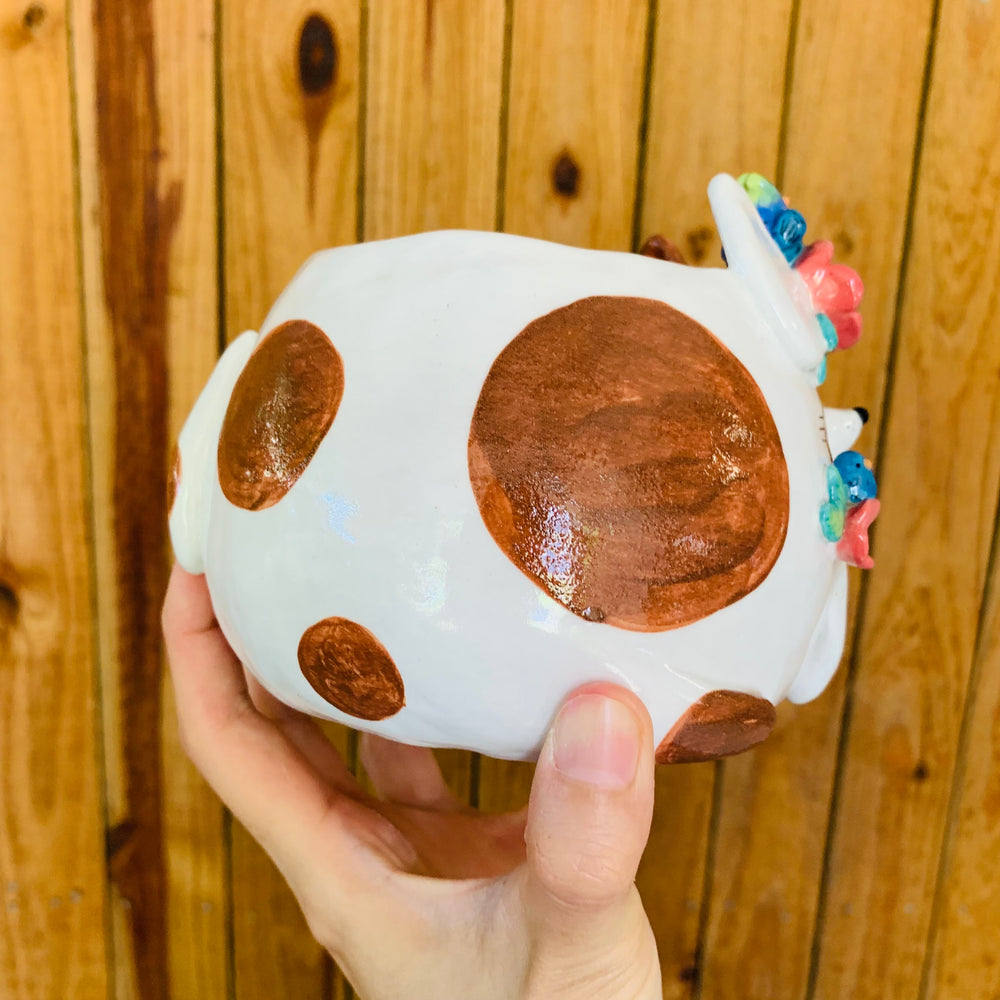 Spotty brown doggo pot with bird fam, photo 2 of 11