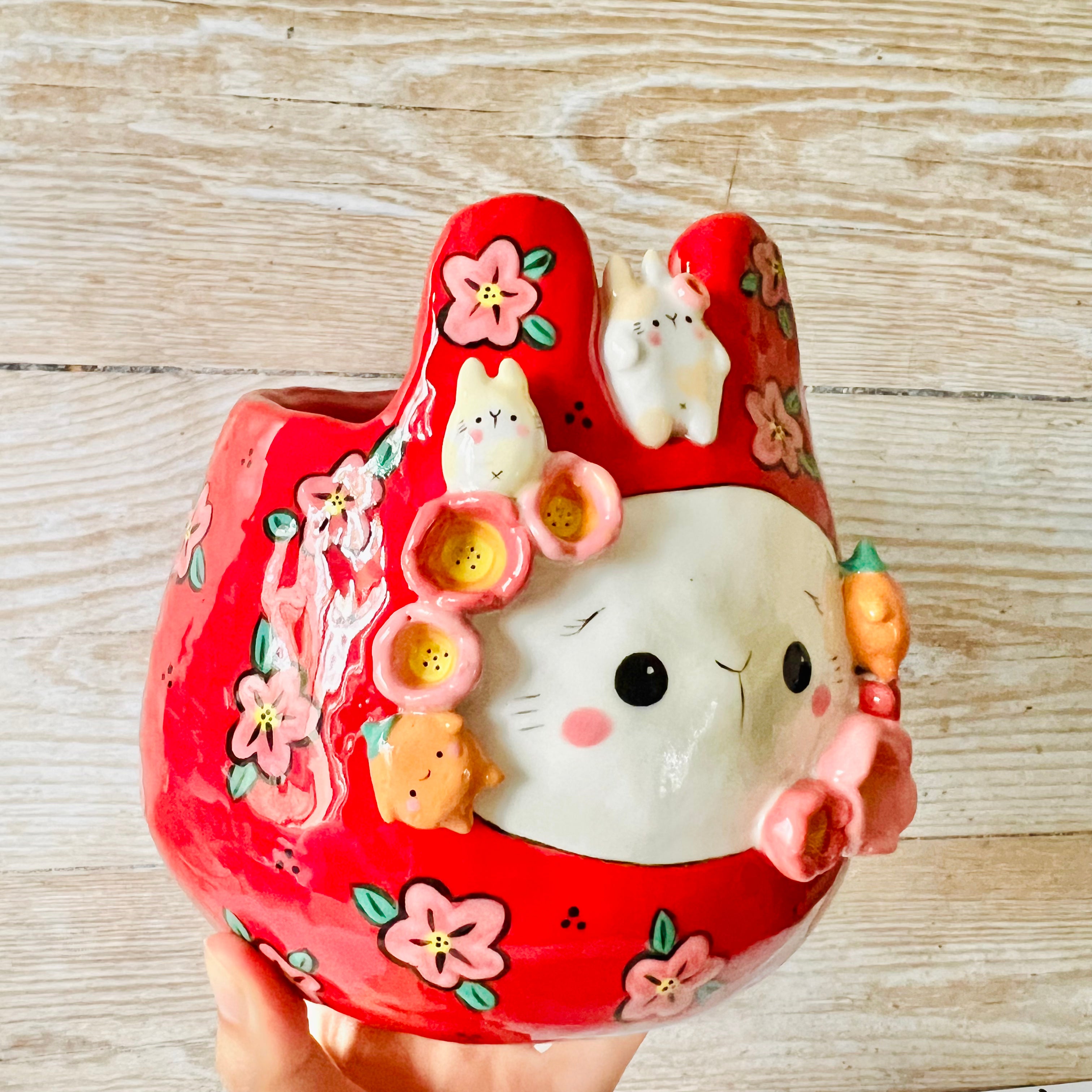 LNY RED flowery Daruma Bunny pot with bunny and mandarin friends