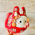 LNY RED flowery Daruma Bunny pot with bunny and mandarin friends